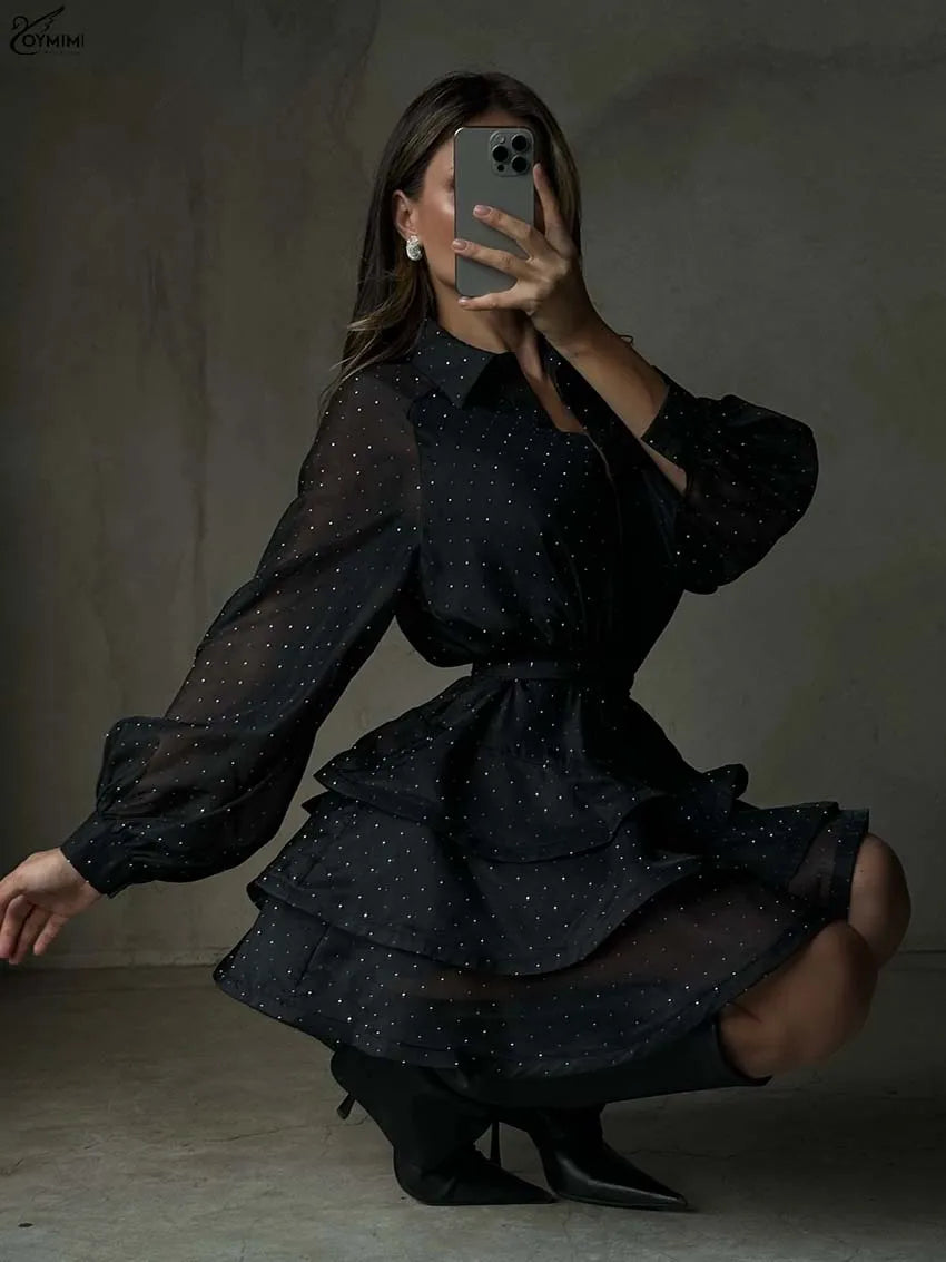 Oymimi Fashion Black Rhinestone Women's Dress Casual Lapel Long Sleeve Button Dresses Elegant New Lace-Up Pleated Mini Dresses