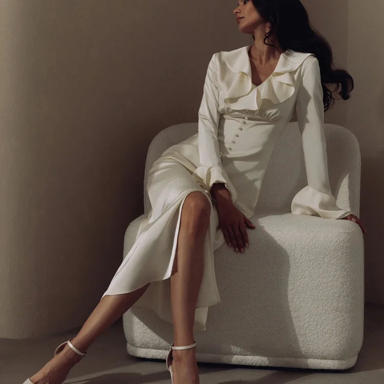 TARUXY Ruffle V Neck Elegant Dress For Women Slim Long Sleeve High Waist Temperament Dresses Femme Party Slit Long Dress Woman