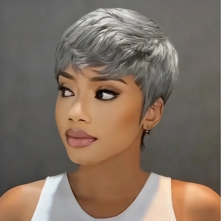 Short Layered Straight Grey Remy Human Hair Pixie Cut Wig For Women