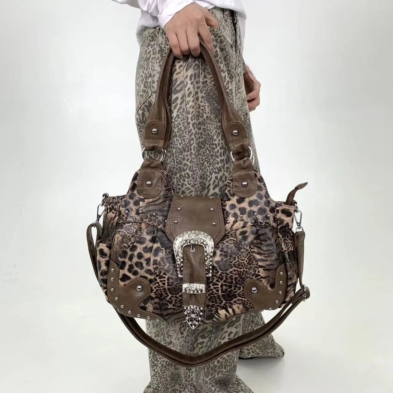 Leopard Print Patchwork Tote Bag with Pockets for Women