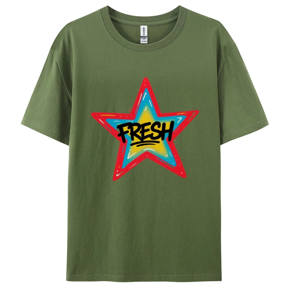 Graffiti Style FRESH Colorful Star Graphic Tee Casual White T-Shirt with Vibrant Gradient Star Design for Trendy Urban Fashion