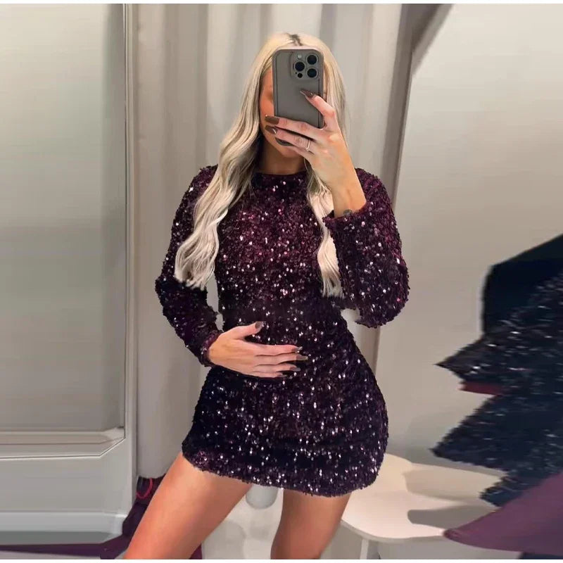 Sequined Paillette Glitter Evening Mini Dress for Women