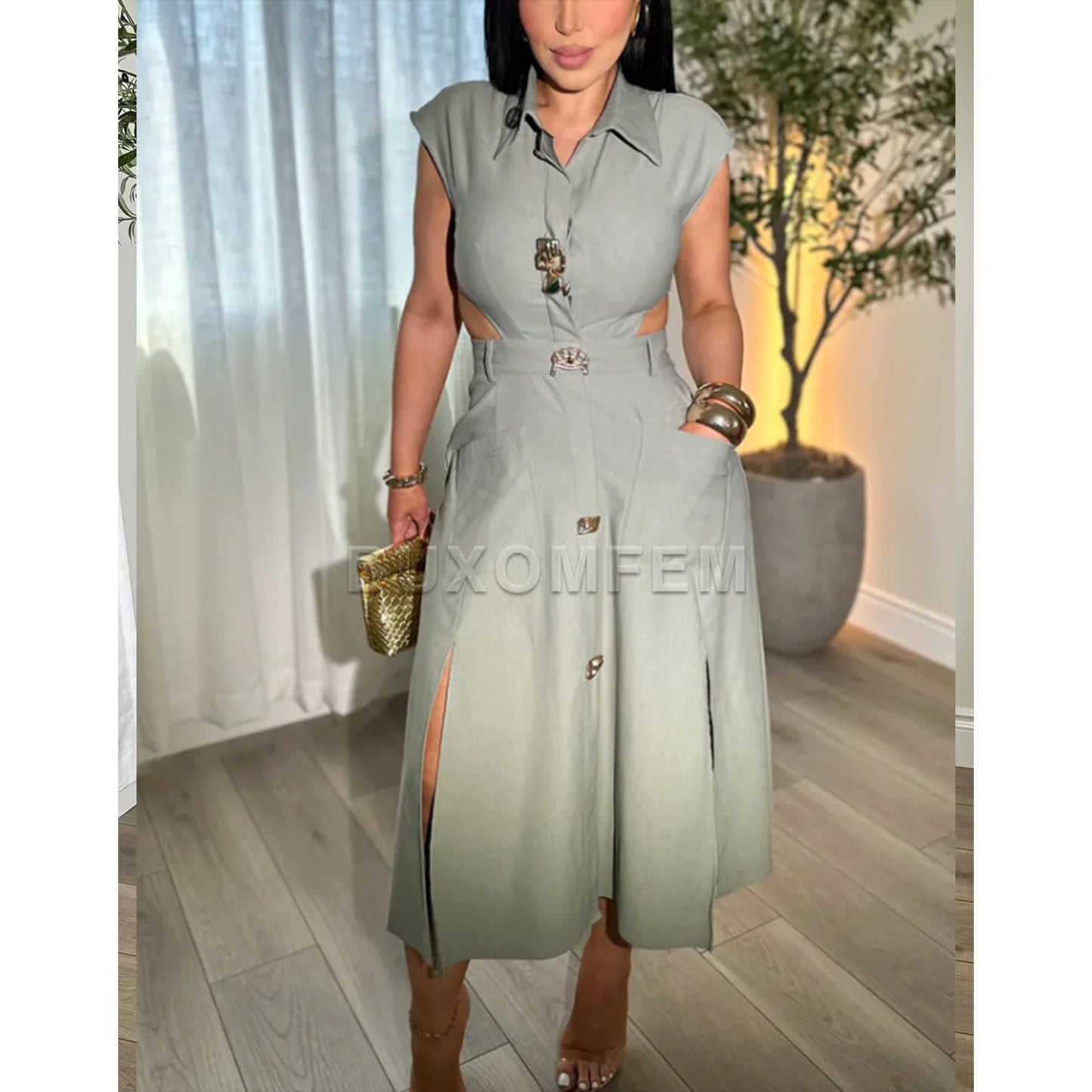 Ladies' Fashionable Sleeveless Dress 2025 New Autumn Belted Elegant Party Evening Dresses Women Stylish Buttoned Formal Outwear