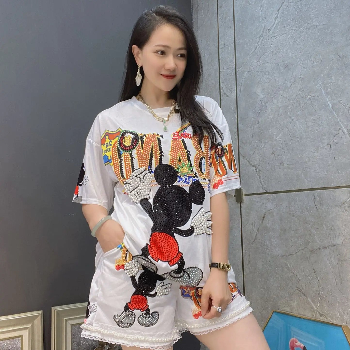 Heavy Industry Rhinestone Hot Fixed Short Sleeve T-shirt Summer New Casual Suit Top and Shorts 2 Piece Sets Womens Outfits