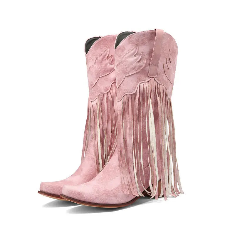 Retro Western Style Mid Calf Boots With Block Heel Tassels For Women