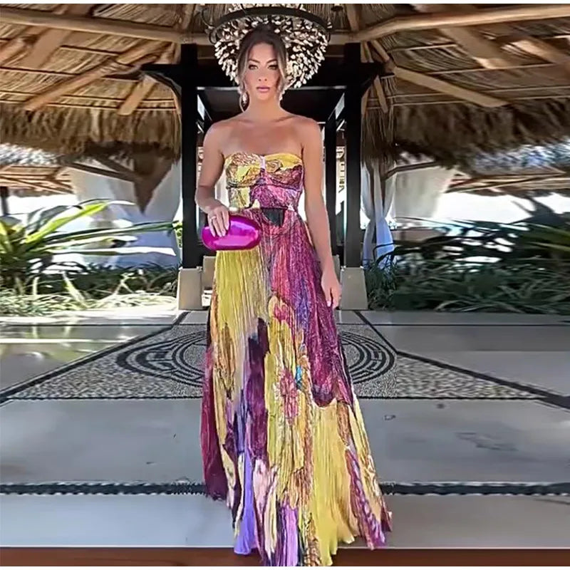 Elegant Floral Print Pleated Floor Length Dress For Women