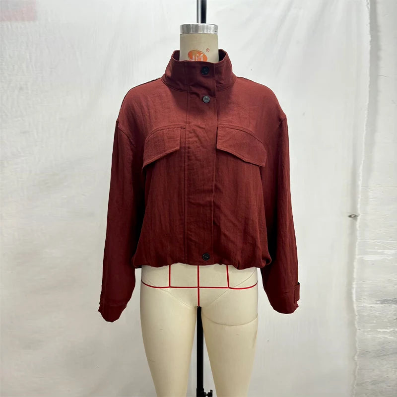 Casual Solid Loose Jacket Stand Collar With Big Pockets for Women