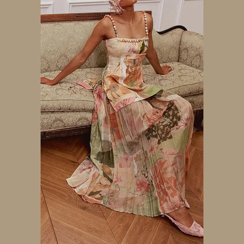 Long Printed Patchwork A-line Beaded Sleeveless Backless Dress for Women