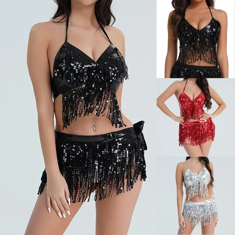 Sequined Tassel Latin Dance Crop Top and Skirt Set for Women