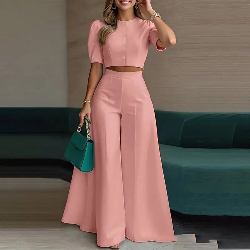 Elegant Two Piece Crop Top And Wide Leg Pants Set for Women