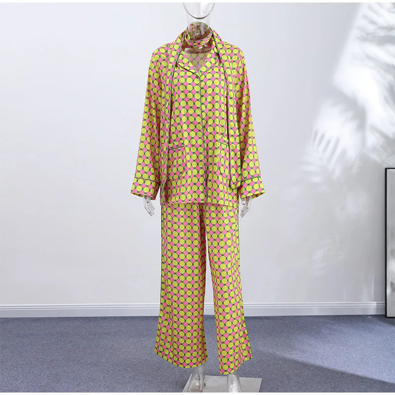 Geometric Printed Wide Leg Loose Pants Set for Women