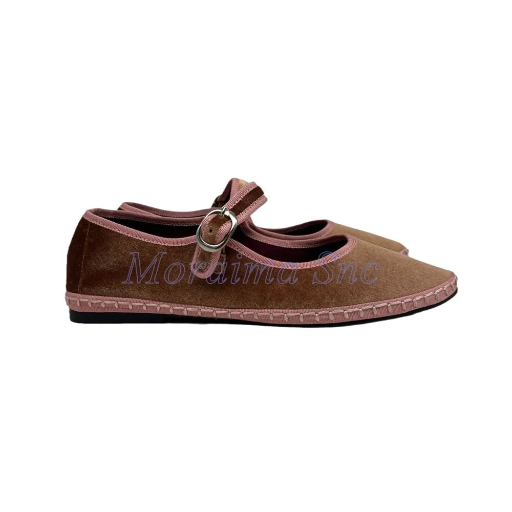 Round Toe Grey Velvet Mary Jane Ballet Flats for Women