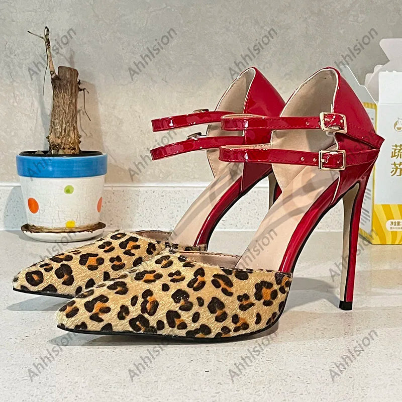 Red Elegant Pointed Toe Buckle Strap Heels for Women