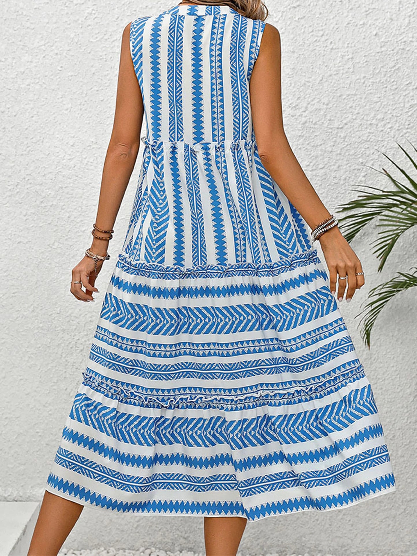 Women Summer Sleeveless Dress Casual Geometric Print Button V-Neck Party Dress for Beach Club Streetwear