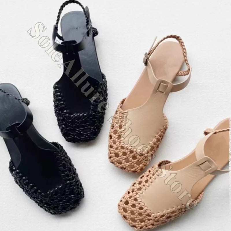 Woven Leather Closed Toe Sandals With Adjustable Buckle For Women