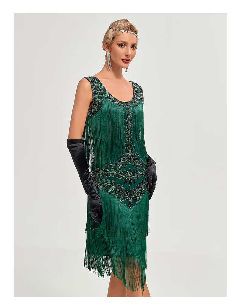 Sequined Beaded Embroidery O Neck Knee Length Dress for Women