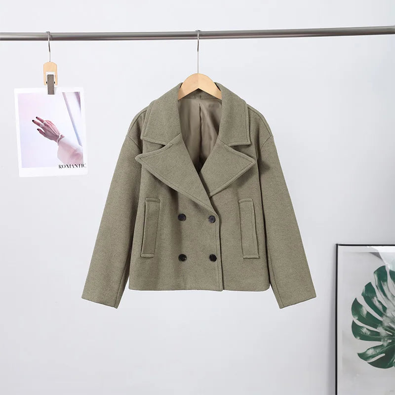 Double Breasted Cropped Jacket With Turn Down Collar for Women
