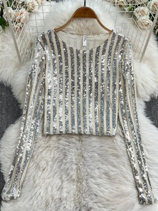 High-End Heavyweight Sequin Splice Me Long Sve round Ne T-irt Women's Spring Summer New Slimming Top Korean Sle