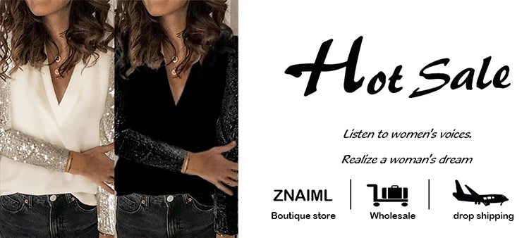 Znaiml Elegant Sequins Patchwork Luxury Long Sleeve V Neck Blouse T-Shirts Women Autumn  Pullover Tops Ladies Birthday Clubwear