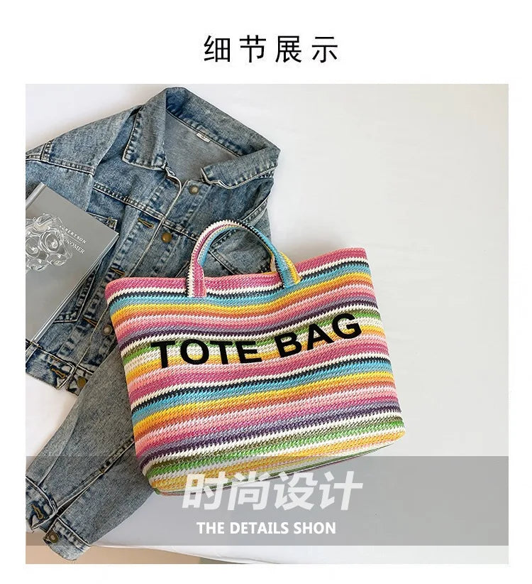New straw woven bag, large capacity tote bag, crossbody striped letter contrasting beach bag