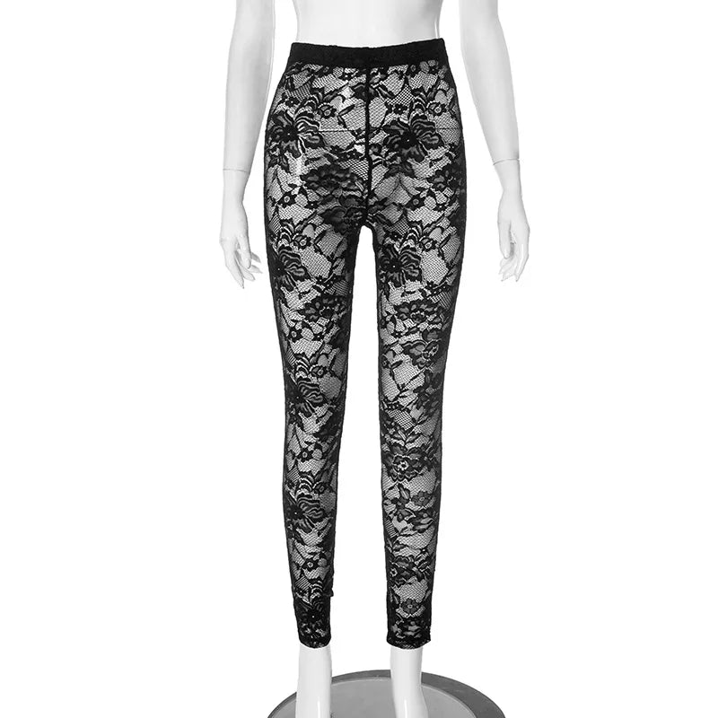 FAGADOER Sexy Mesh Leggings Pants Women Black See Through Hollow Out Skinny Lace Pants Female Party Club Streetwear 2025 New
