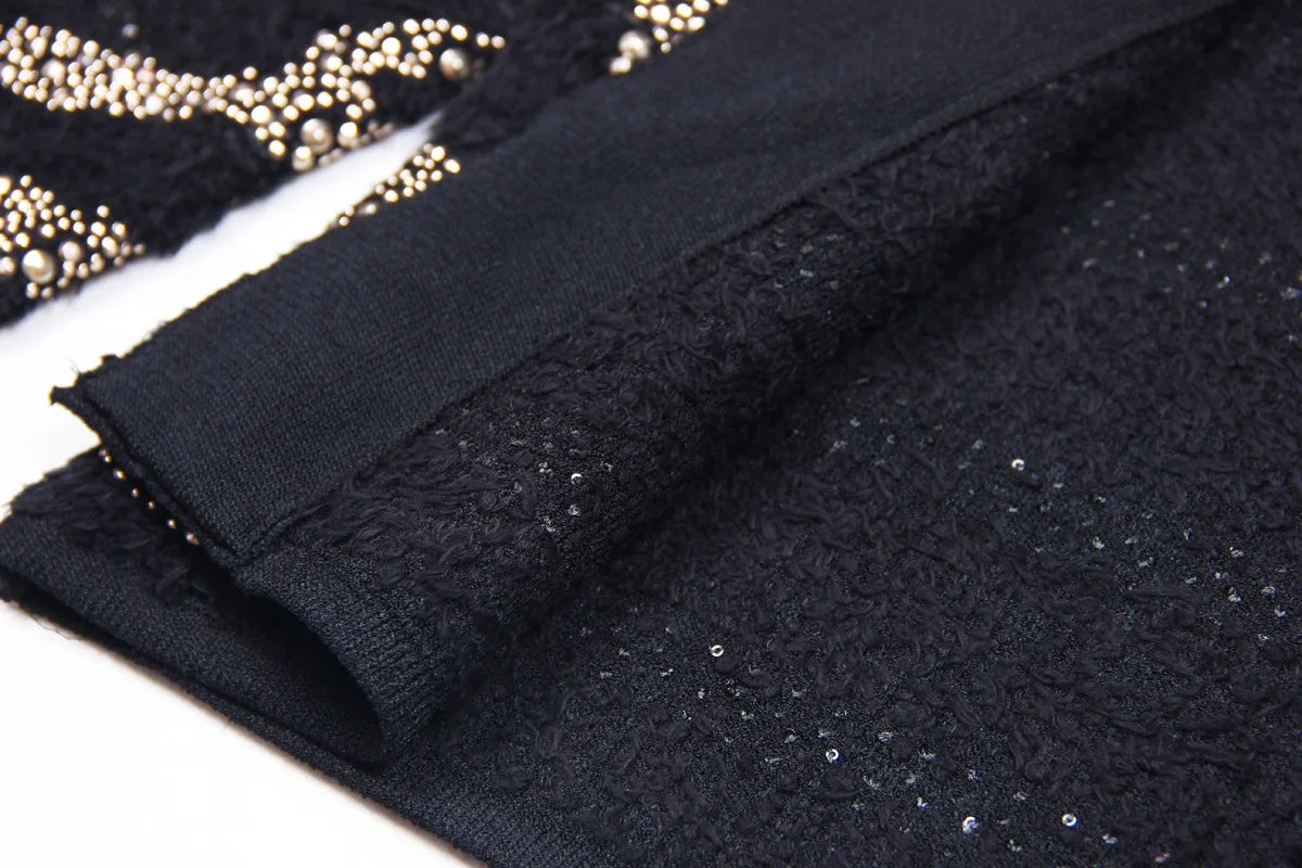 2025 Autumn New Heavy Knitted Hot Diamond Long-sleeved Jacket Sexy Vest + Skirt Set Light Luxury Party Women Three-piece Set