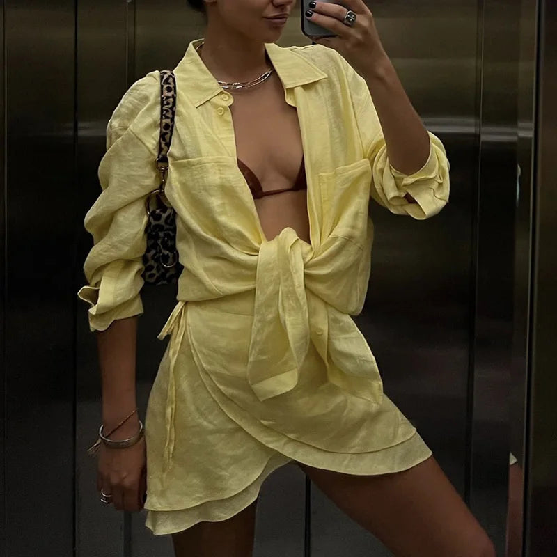 Casual Tie Up Mini Skirt Outfit 2025 Summer New Seaside Beach Sunscreen Suit Holiday Long Sleeve Single Breasted Shirt Women Set