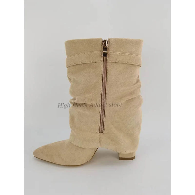Suede Pointed Toe Metal Buckle Chunky Heel Mid Calf Boots For Women