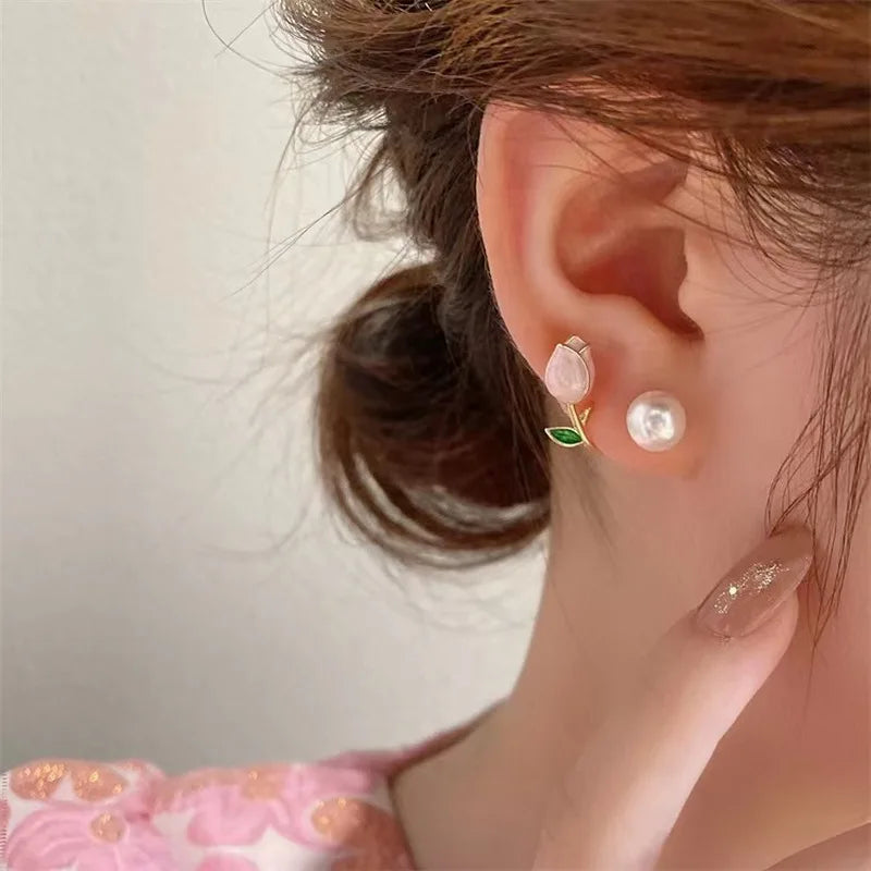 Pearl Tulip Enamel Stud Earrings With Zircon Drops for Women