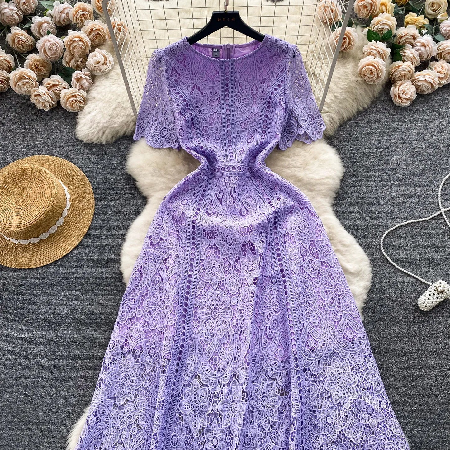 Korean Version Retro High-end Round Neck Lotus Leaf Sleeve Lace Dress for Women's 2026 Summer New Temperament Elegant Long Dress