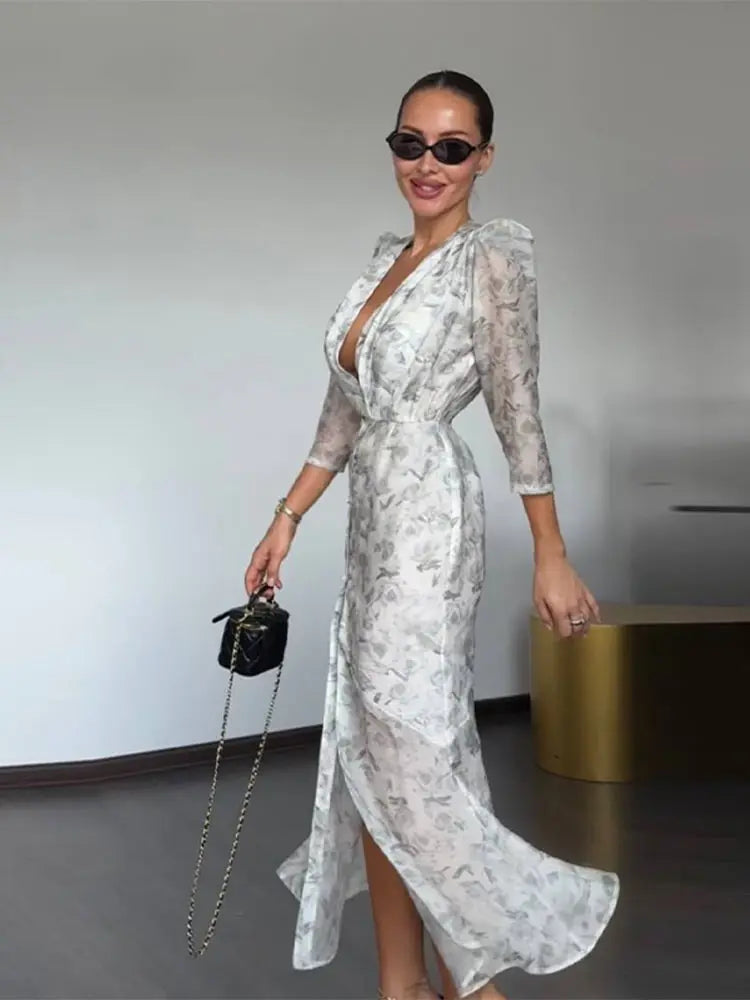Printed Organza Deep V-neck Half Sleeve Cinched Waist Pleated Dress for Women