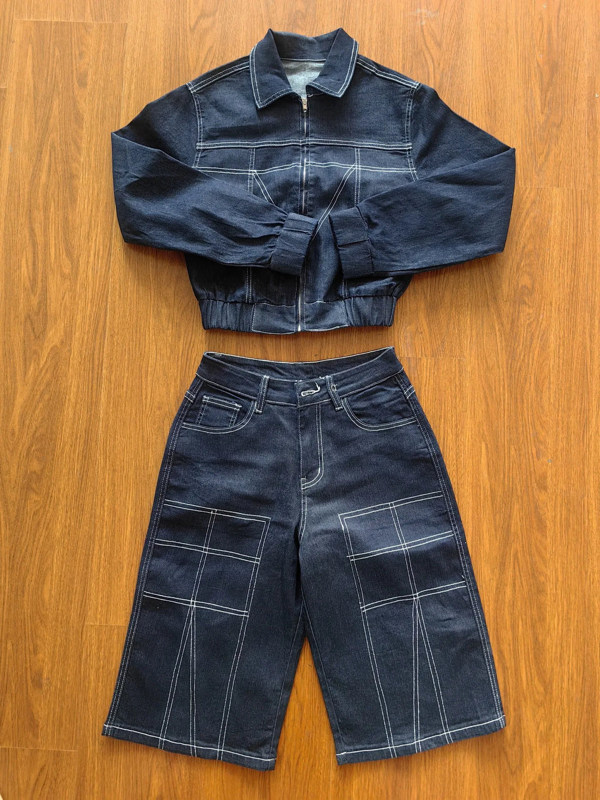 Casual Streetwear Denim Jacket and Shorts Set for Women