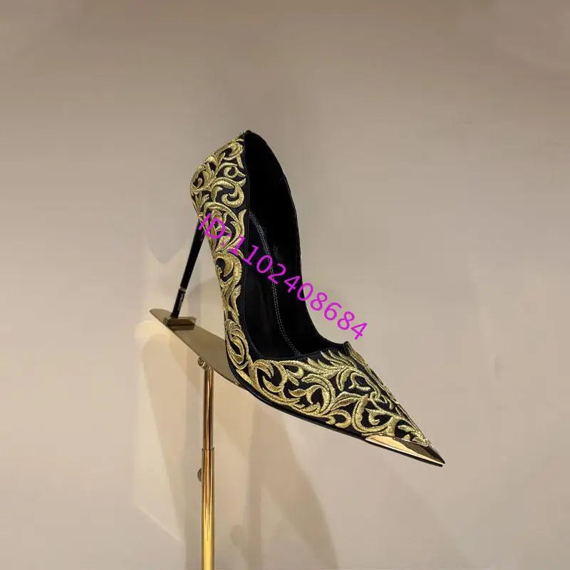 Design Women High Heel Metal Toe Embroidered High Heel Shoes Sexy Lady High Heel Gold Pointed Metal Toe Slingback Stilettos