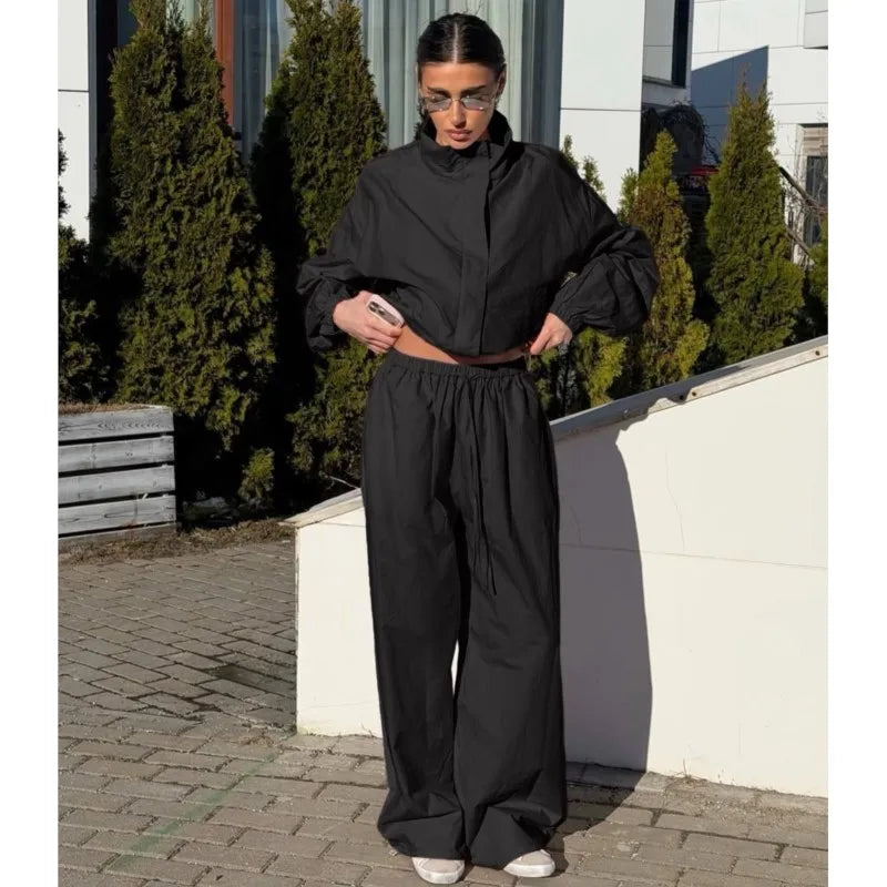Lace Up Stand Collar Wide Leg Two Piece Set for Women