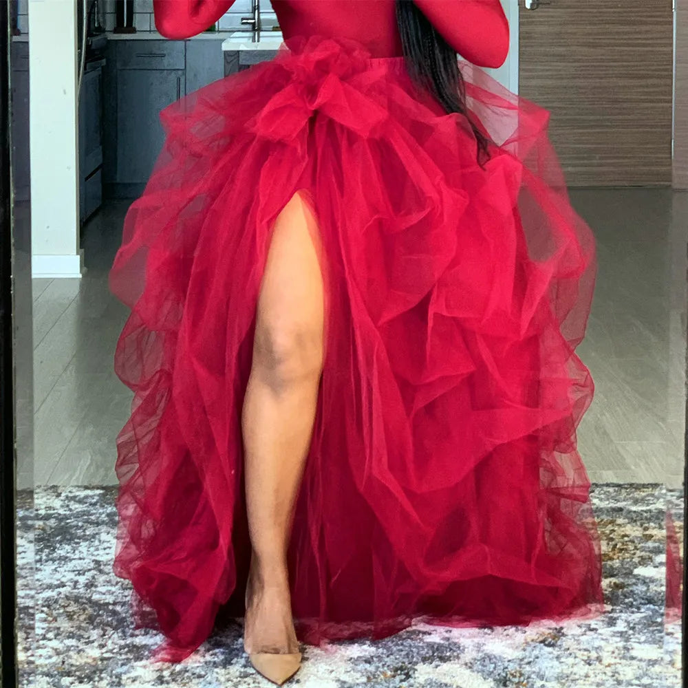 Elegant Layered Tulle Tutu Skirt With High Waist Slit for Women
