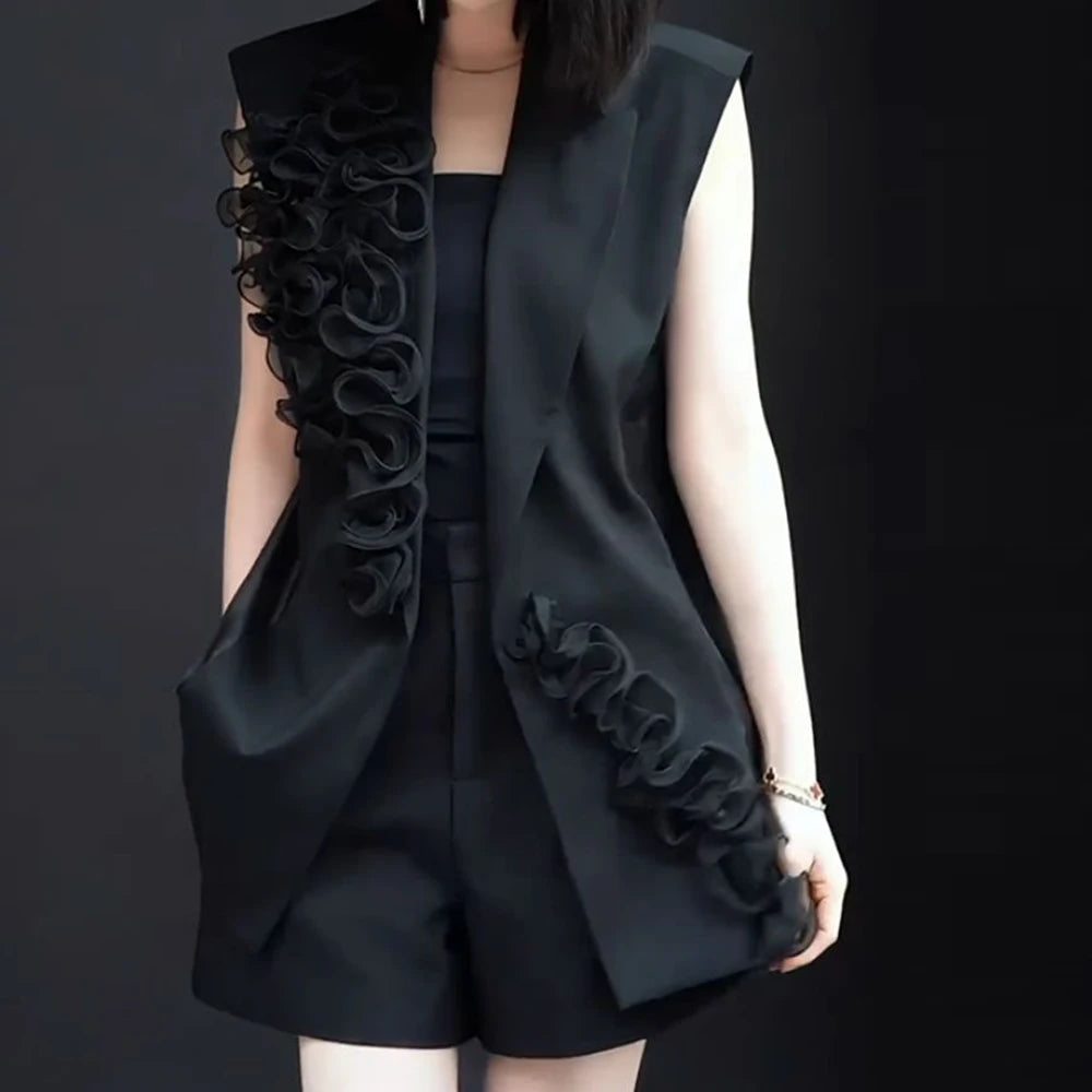 Black Floral V Neck Vest And Shorts Two Piece Set For Women