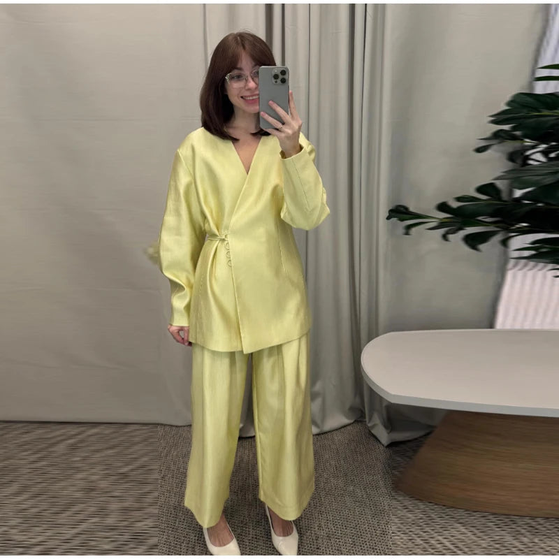 Lace Up Jacket and Wide Leg Pants Suit Set for Women