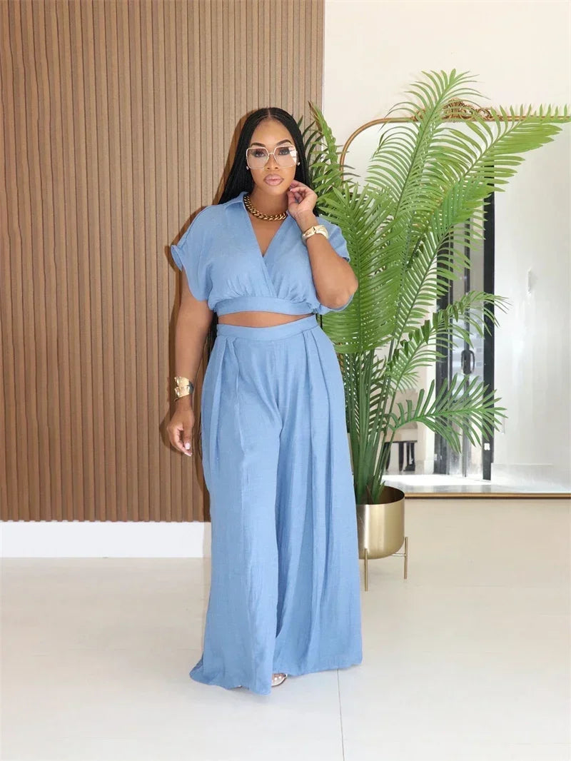 Relaxed Casual Crop Top And Wide Leg Pants Set for Women
