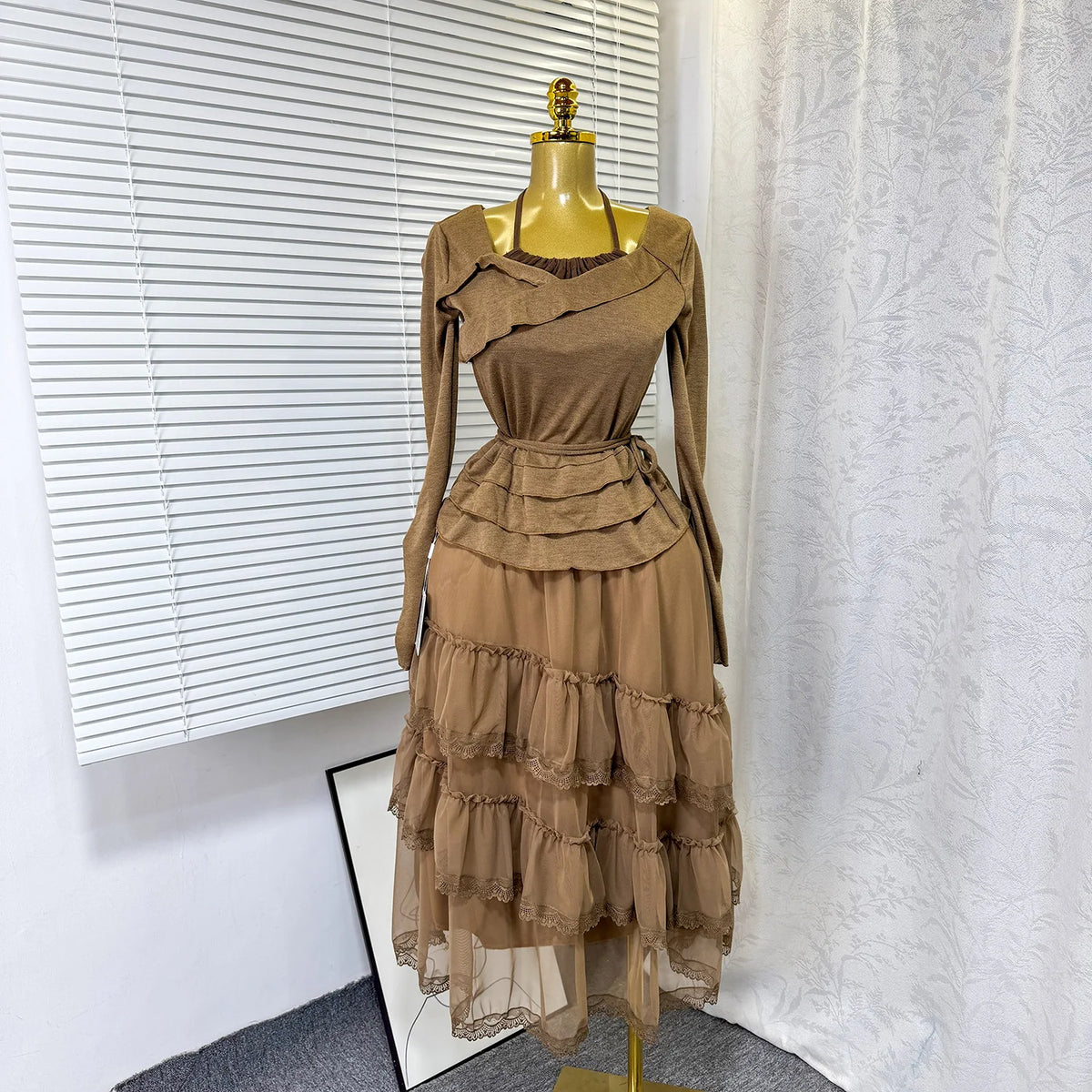 Elegant Mesh Ruffle Hem Halter Neck Dress Set for Women