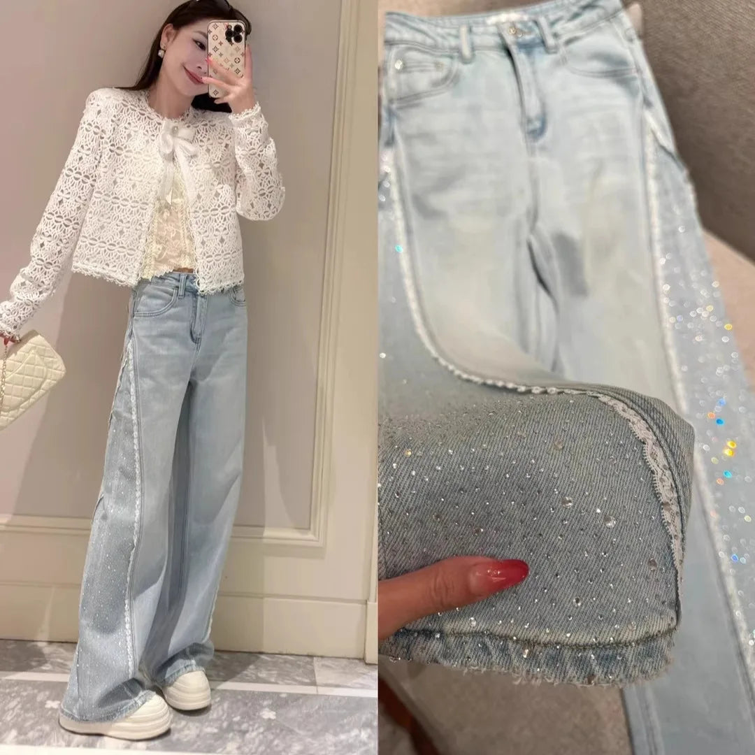Heavy Rhinestone Embellished Washed Denim Straight Leg Jeans for Women