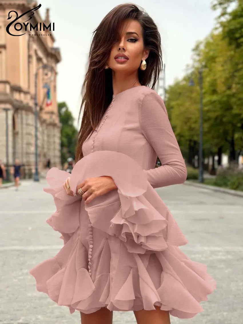 Oymimi Casual Pink O-Neck Women's Dress Fashion Petal Sleeve Single Breasted Solid Dresses Elegant High Waist Pleated Mini Dress
