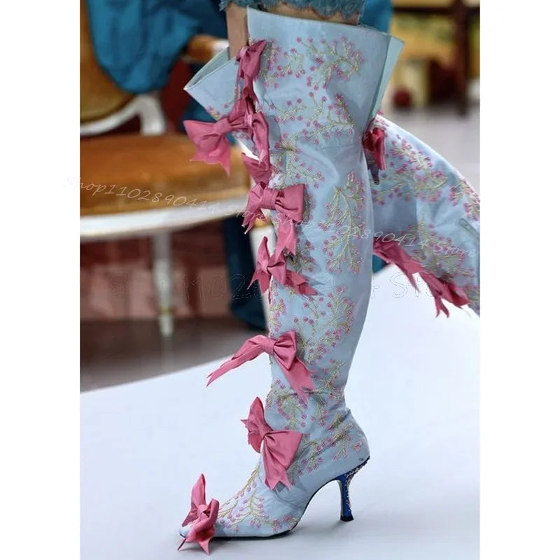 Embroidered Sky Blue Pointed Toe High Heel Boots With Pink Bow For Women