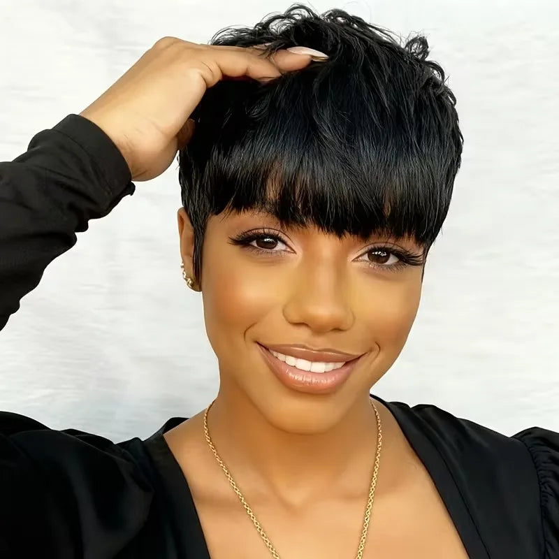 Straight Black Short Layered Pixie Wig Human Hair For Women