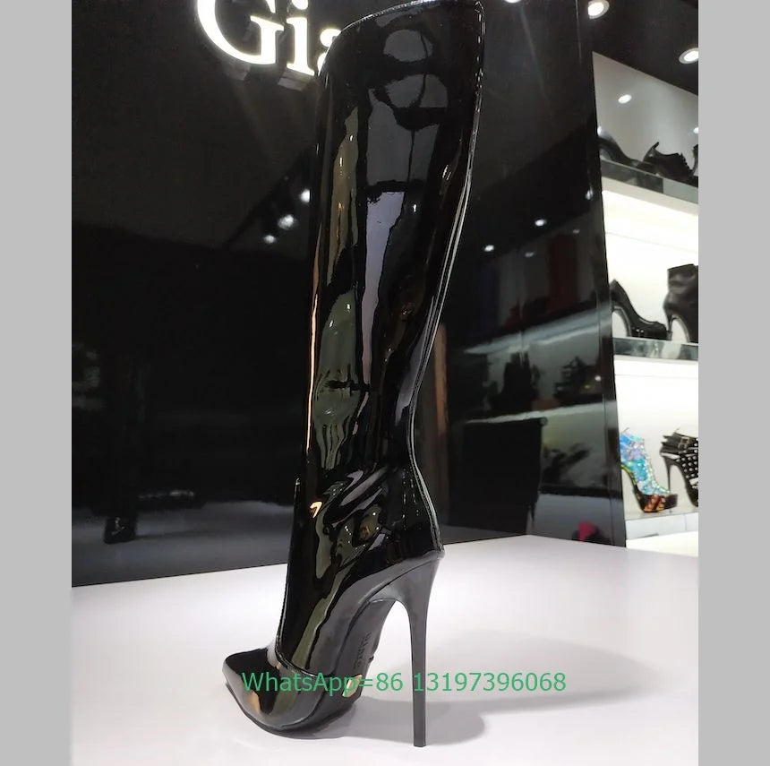 Metallic Pointed Toe Stiletto Knee High Boots for Women