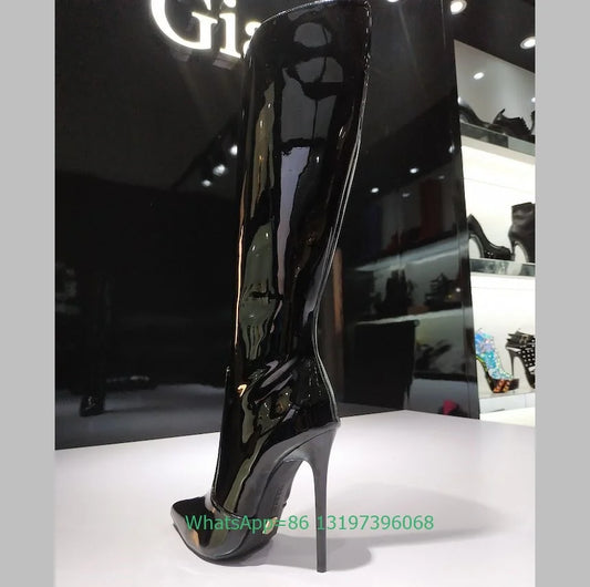 Metallic Pointed Toe Stiletto Knee High Boots for Women
