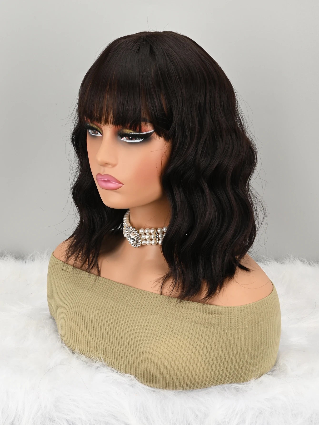 Natural Brown Synthetic Curly Wavy Bangs Bob Wig for Women