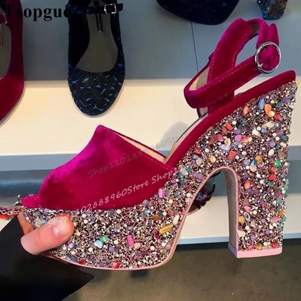 Stylish Red Suede Glitter Platform Sandals Thick Heel Women Shoes Ankle Buckle Strap Open Toe Luxury Sparkling Banquet Sandals