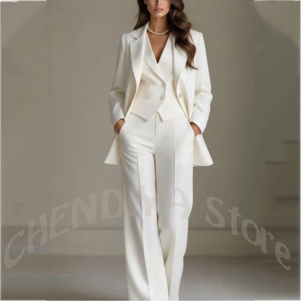 Elegant Solid White Women Suit Slim Fit Long Sleeve Notched Lapel Casual Business Wear Professional Female Work Outfit 3 Pieces
