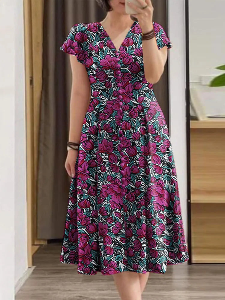 Floral V-Neck Ruffle Sleeve Midi Dress