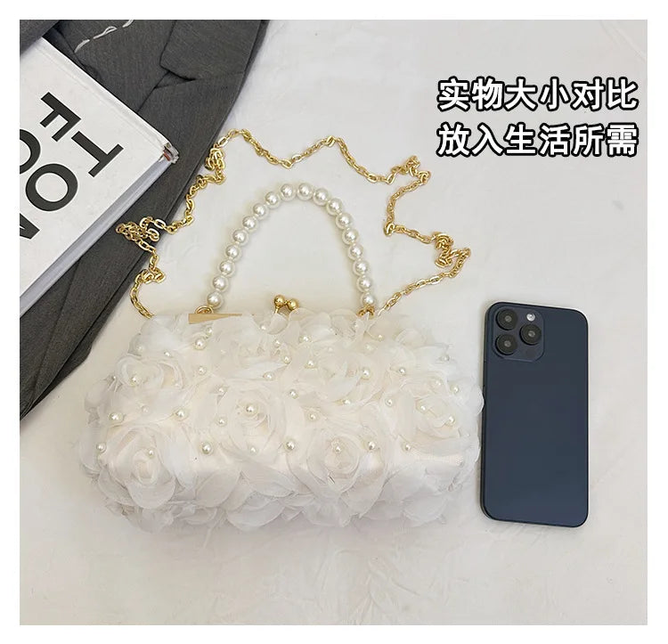 Pearl Floral Chain Evening Crossbody Bag